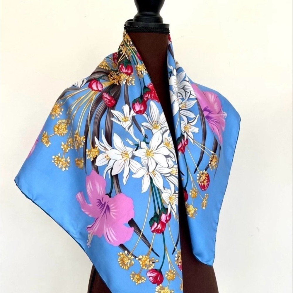 Salvatore Ferragamo Blue and Pink Floral Silk Scarf - Picture 4 of 15